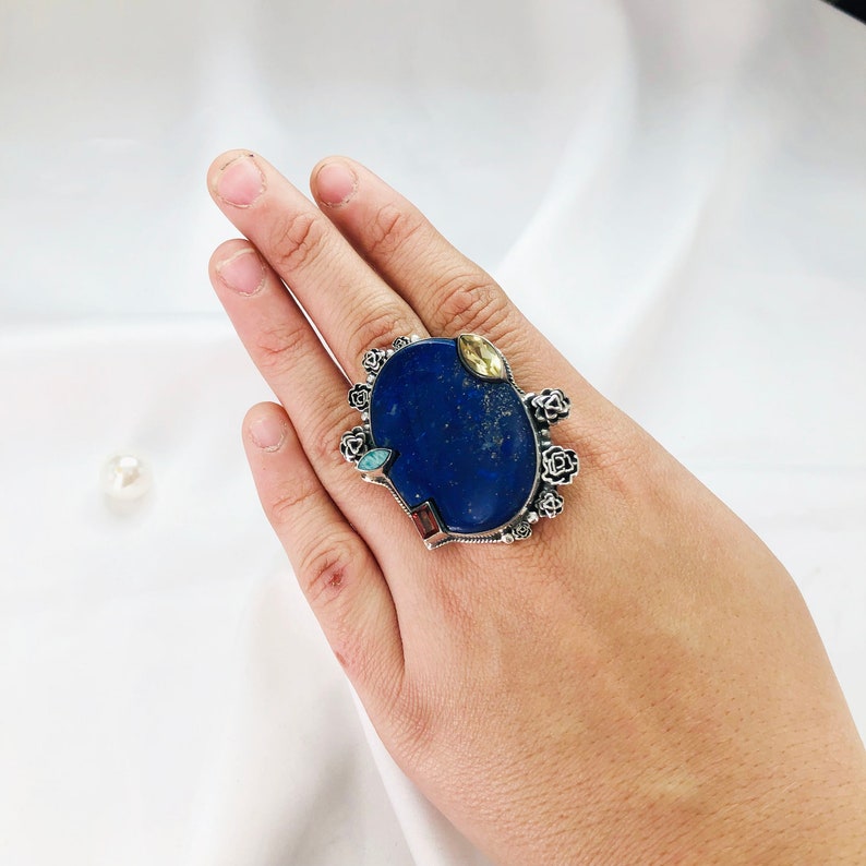 Natural Lapis Lazuli, Amazonite, Garnet & Citine Ring By Harshita Jewellery