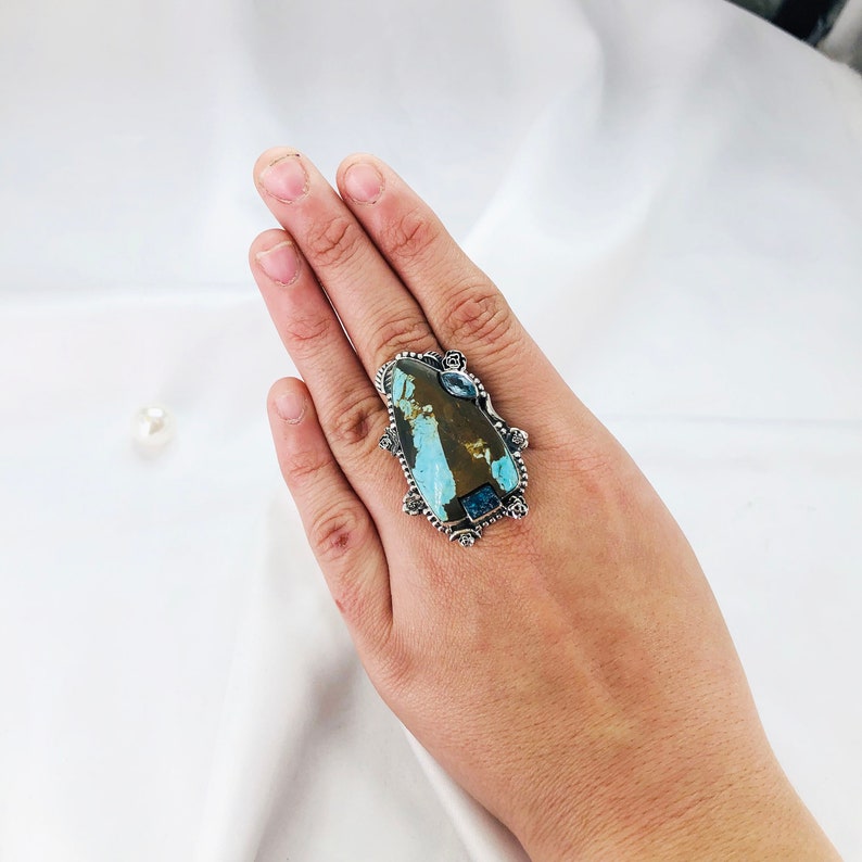 Natural Turquoise, Apatite & Blue Topaz Ring By Harshita Jewellery