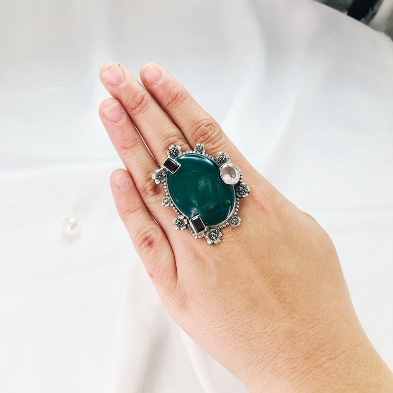 Green Onyx,Garnet & Topaz Gemstone Ring By Harshita Jewellery