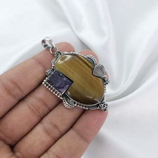 Natural  Tiger's Eye, Rose Quartz, Amethyst, Pendant By Harshita Jewellery