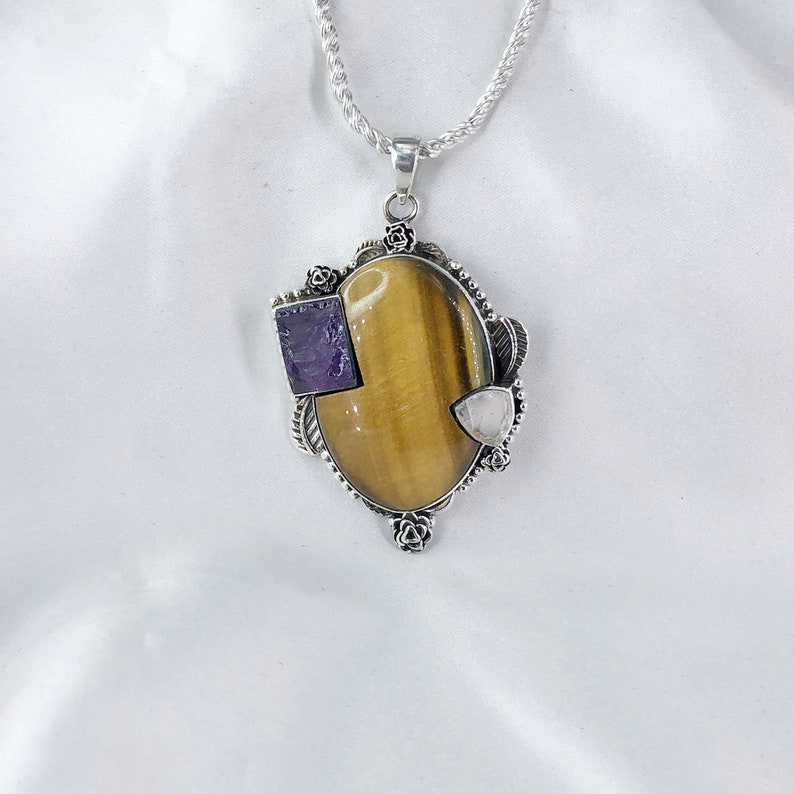 Natural  Tiger's Eye, Rose Quartz, Amethyst, Pendant By Harshita Jewellery