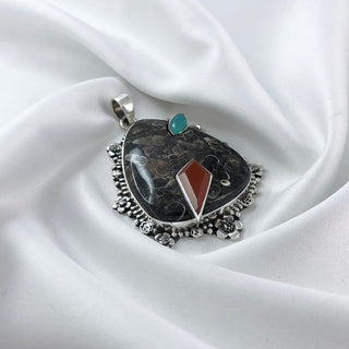 Natural Turtella Jasper, Carnelian, And Aquamarine Pendant By Harshita Jewellery