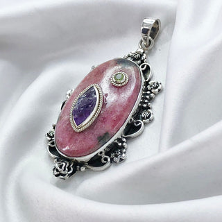 Natural Rhodonite, Peridot & Amethyst Pendant By Harshita Jewellery