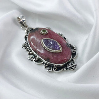 Natural Rhodonite, Peridot & Amethyst Pendant By Harshita Jewellery