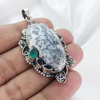 Natural Dendrite Opal, Black Onyx And Green Onyx Pendant By Harshita Jewellery