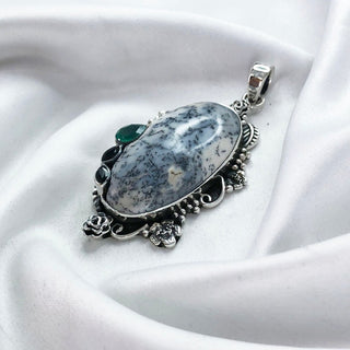 Natural Dendrite Opal, Black Onyx And Green Onyx Pendant By Harshita Jewellery
