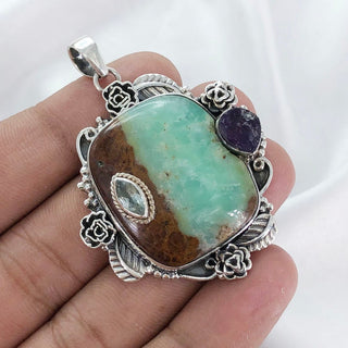 Natural Chrysoprase, Blue Topaz & Raw Amethyst Pendant By Harshita Jewellery