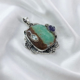 Natural Chrysoprase, Blue Topaz & Raw Amethyst Pendant By Harshita Jewellery