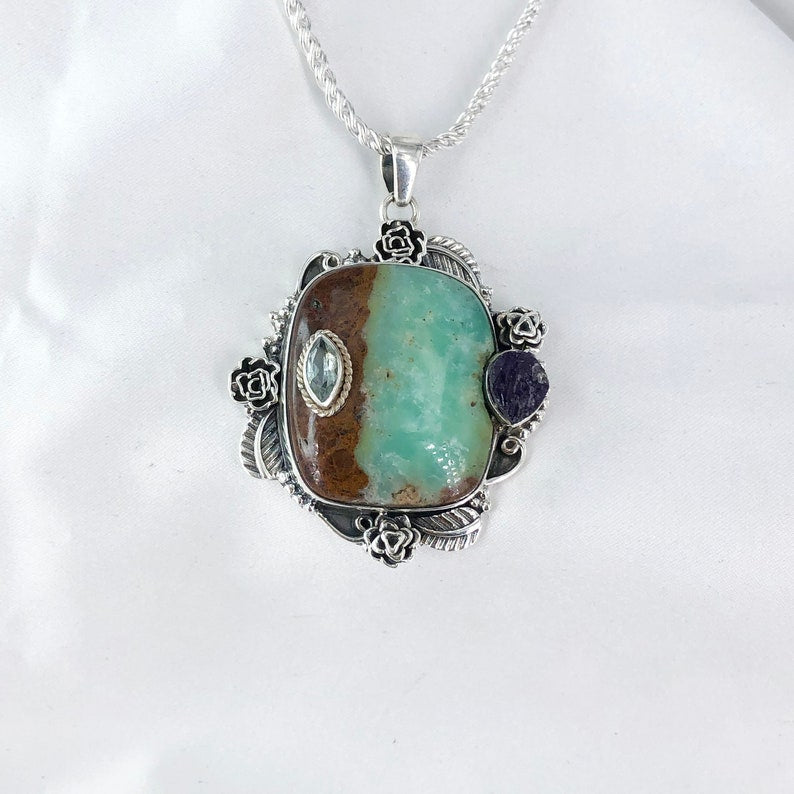 Natural Chrysoprase, Blue Topaz & Raw Amethyst Pendant By Harshita Jewellery