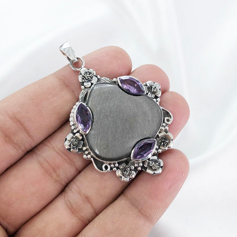 Silver Sheen Obsidian and Amethyst Pendant By Harshita Jewellery