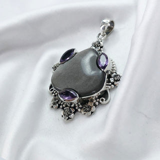 Silver Sheen Obsidian and Amethyst Pendant By Harshita Jewellery