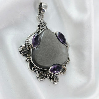Silver Sheen Obsidian and Amethyst Pendant By Harshita Jewellery