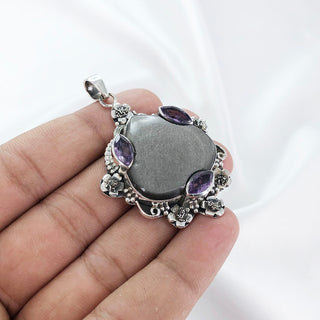 Silver Sheen Obsidian and Amethyst Pendant By Harshita Jewellery