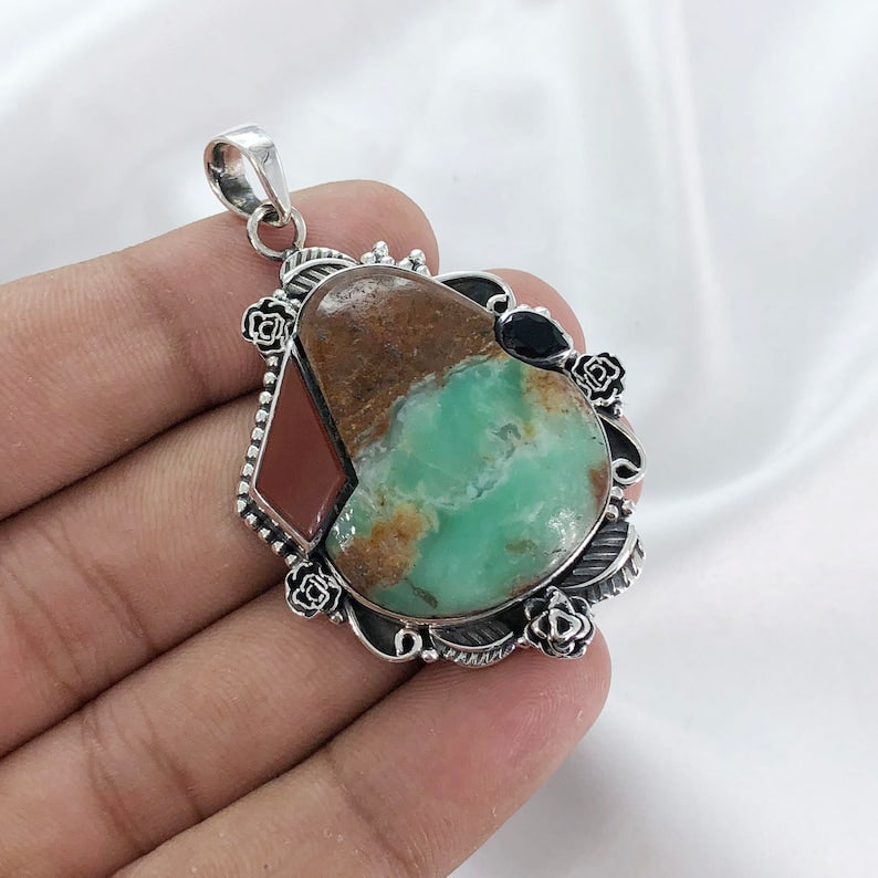 Natural Chrysoprase, Black Onyx & Carnelian Pendant By Harshita Jewellery