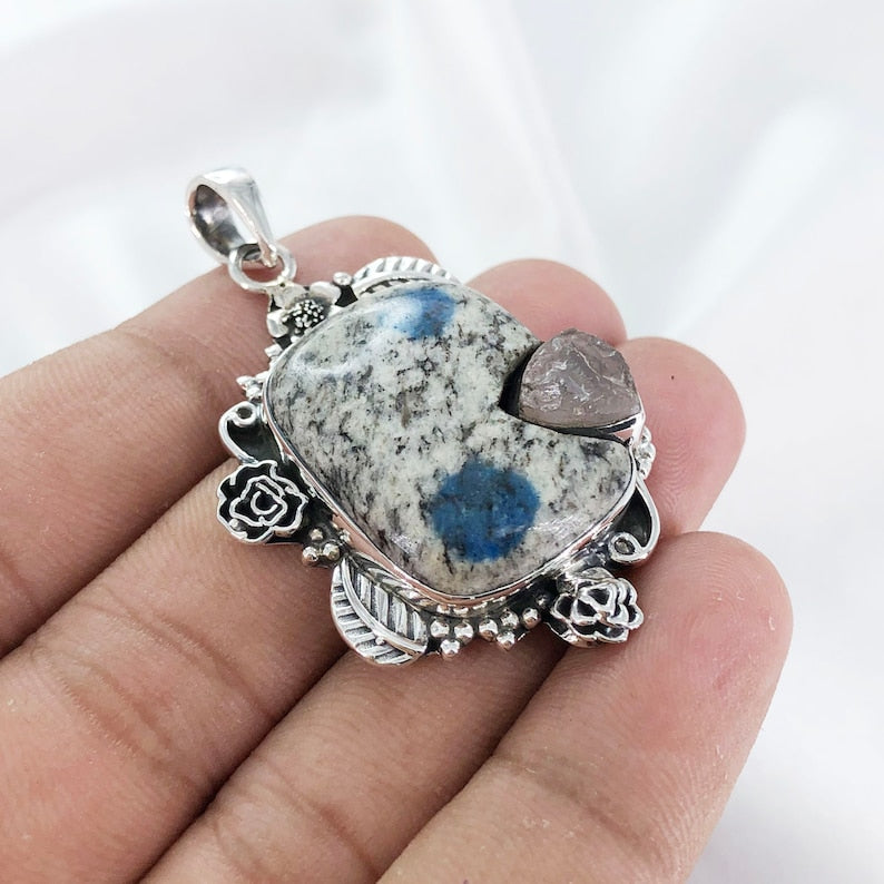 Natural K2 jasper & Raw Rose Quartz Pendant By Harshita Jewellery