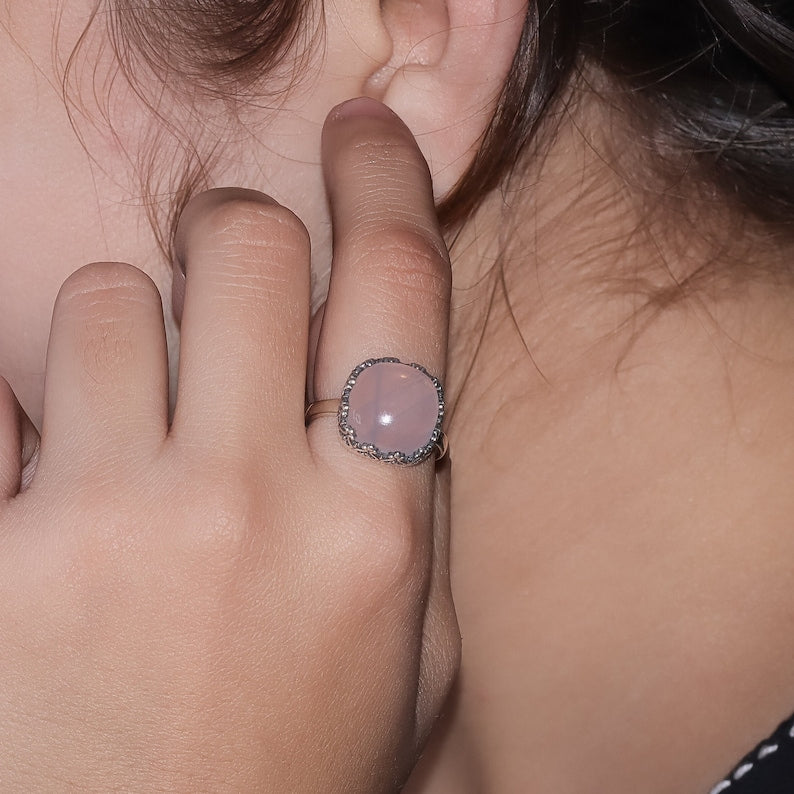 Rose Quartz Ring, Handmade Gemstone Jewelry, 925 Sterling Silver, Statement Ring, Jewelry for Women's