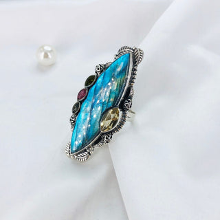 Natural Labradorite, Ruby, Peridot, Smokey Topaz & Citrine Ring By Harshita Jewellery