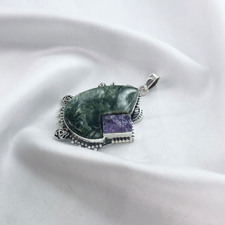 Natural Seraphinite & Rough Amethyst Gemstone Pendant By Harshita Jewellery