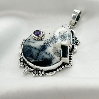 Natural Dendrite Opal & Green Onyx, Amethyst Pendant By Harshita Jewellery