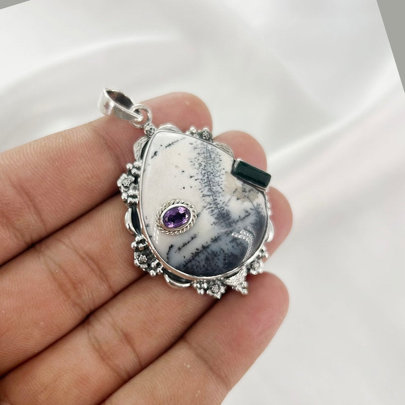 Natural Dendrite Opal & Green Onyx, Amethyst Pendant By Harshita Jewellery