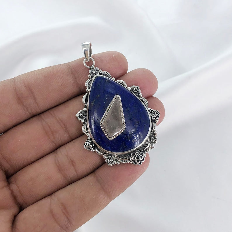Natural Lapis Lazuli & Rose Quartz Gemstone Pendant By Harshita Jewellery