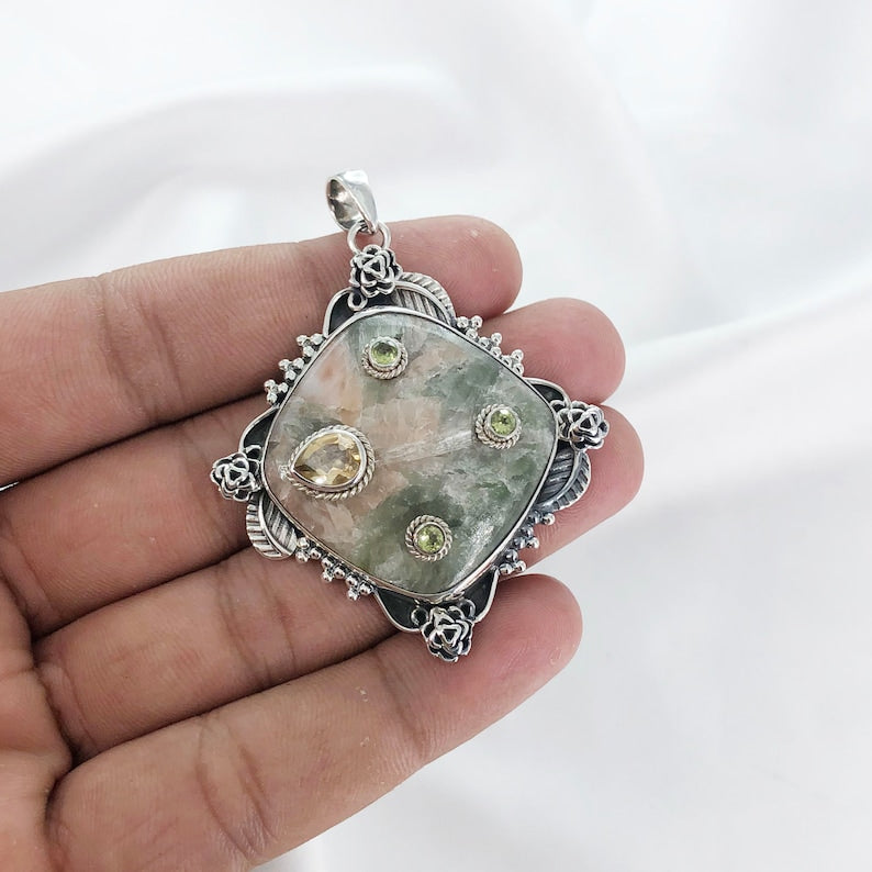 Natural Vessonite, Peridot & Citrine Pendan By Harshita Jewellery