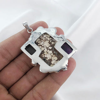 Natural wild horse jasper And Rough Amethyst, Rose Quartz Pendant By Harshita Jewellery