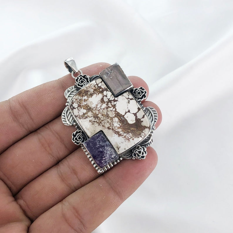 Natural wild horse jasper And Rough Amethyst, Rose Quartz Pendant By Harshita Jewellery