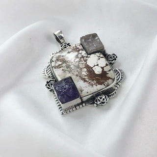 Natural wild horse jasper And Rough Amethyst, Rose Quartz Pendant By Harshita Jewellery