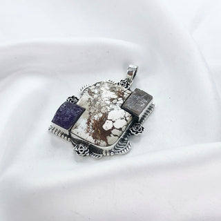 Natural wild horse jasper And Rough Amethyst, Rose Quartz Pendant By Harshita Jewellery