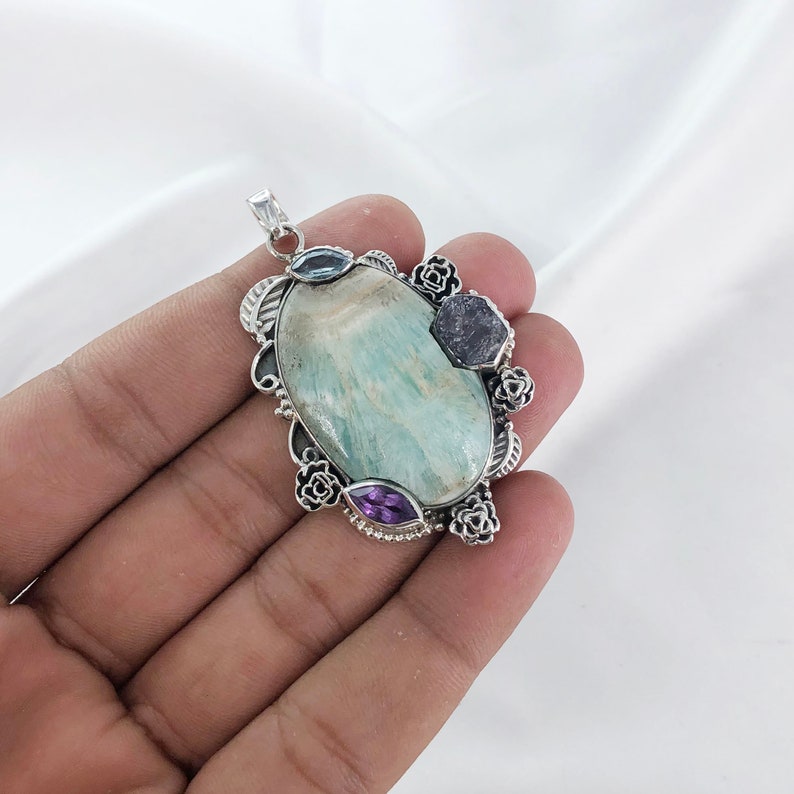 Natural Amazonite & Amethyst, Blue Topaz Pendant By Harshita Jewellery