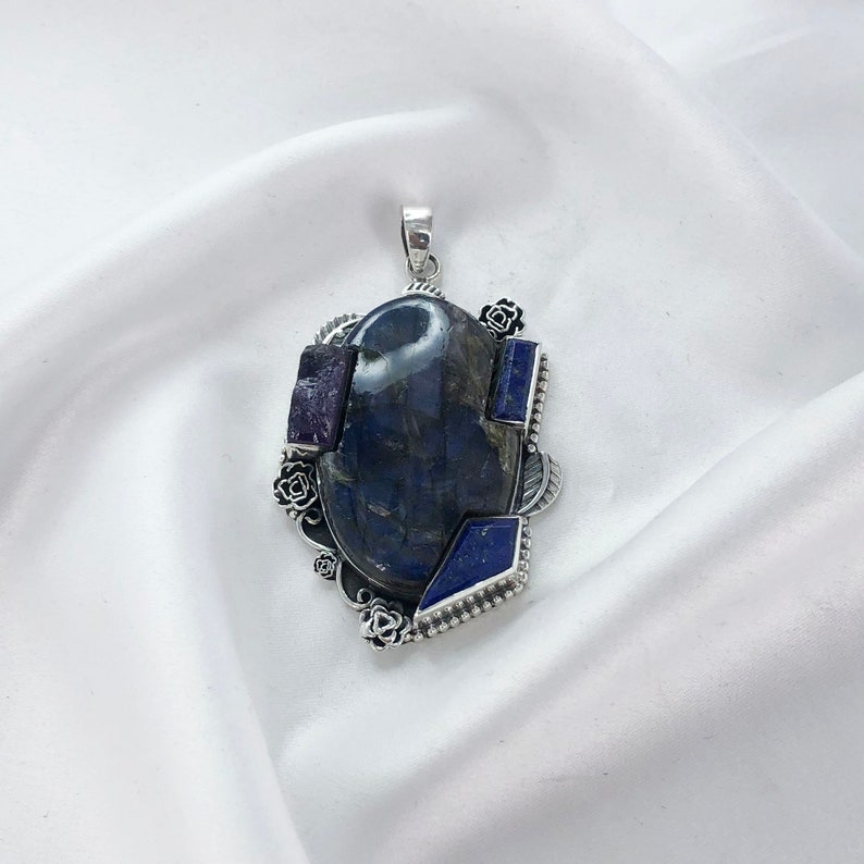 Natural Labradorite, Amethyst & Lapis Lazuli Pendant By Harshita Jewellery