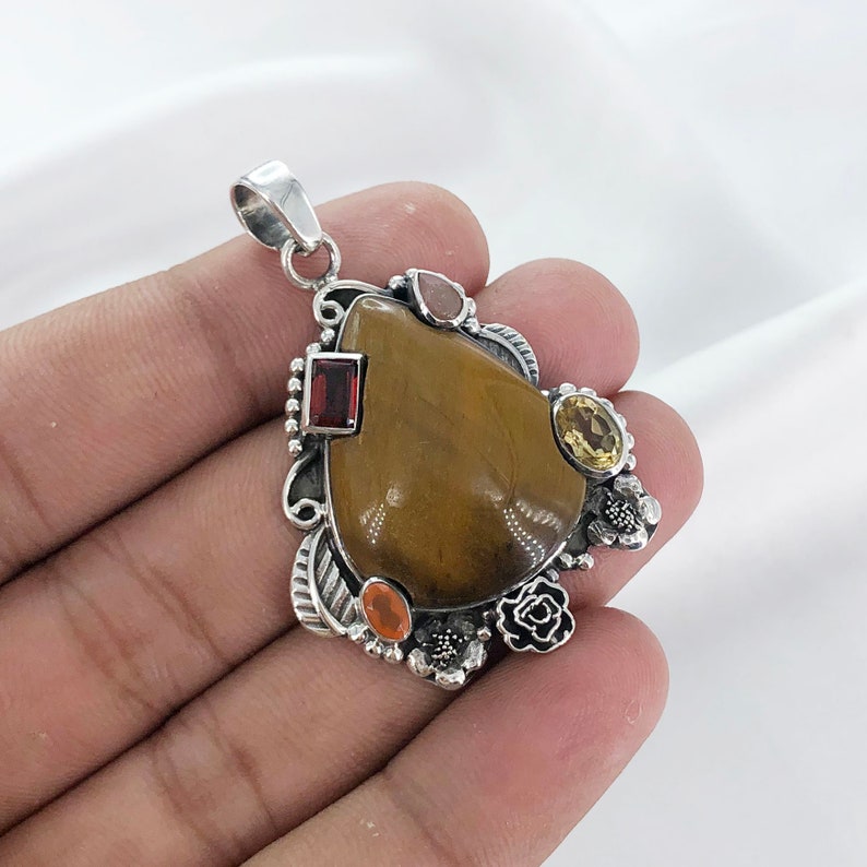Natural Tiger's Eye, Rose Quartz, Garnet, Citrine & Carnelian Pendant By Harshita Jewellery