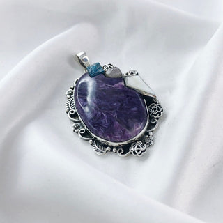Natural Charoite, Apatite, Rose Quartz& White Opal Pendant By Harshita Jewellery