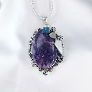 Natural Charoite, Apatite, Rose Quartz& White Opal Pendant By Harshita Jewellery