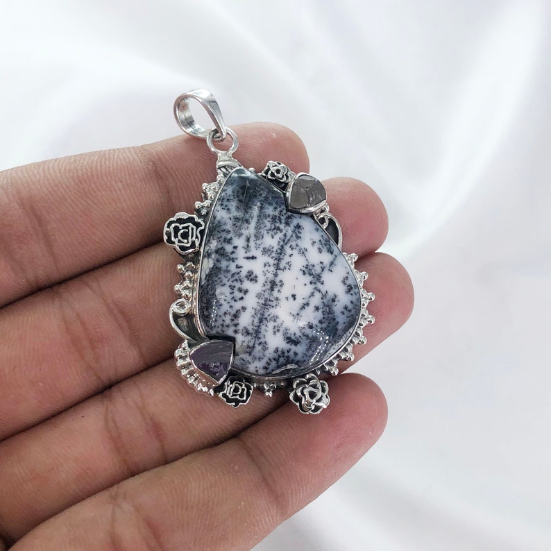 Natural Dendrite Opal & Raw Amethyst Gemstone Pendant By Harshita Jewellery