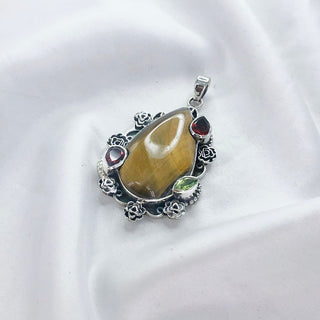 Natural Tiger's Eye, Garnet & Peridot Gemstone Pendant By Harshita Jewellery