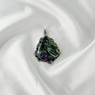 Natural Seraphinite, Amethyst & Peridot Pendant By Harshita Jewellery