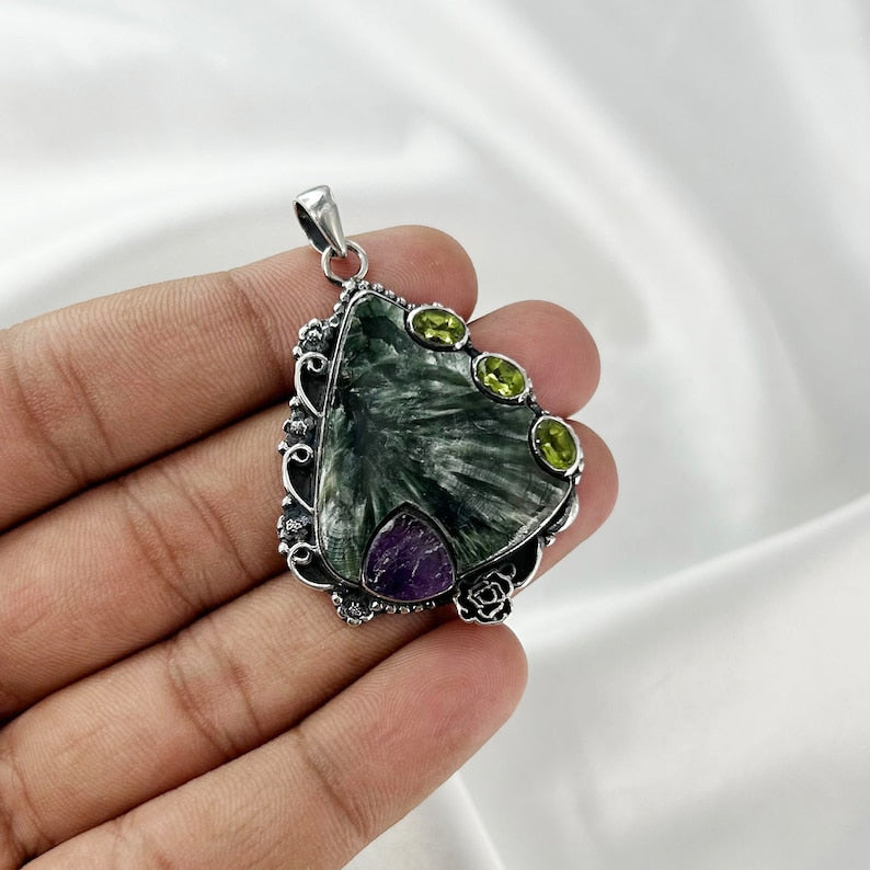 Natural Seraphinite, Amethyst & Peridot Pendant By Harshita Jewellery
