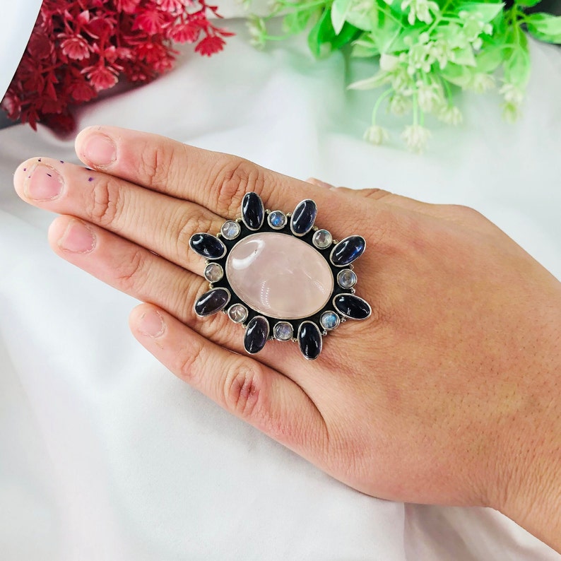 Natural Rose Quartz, Amethyst & Rainbow Moonstone Ring By Harshita Jewellery