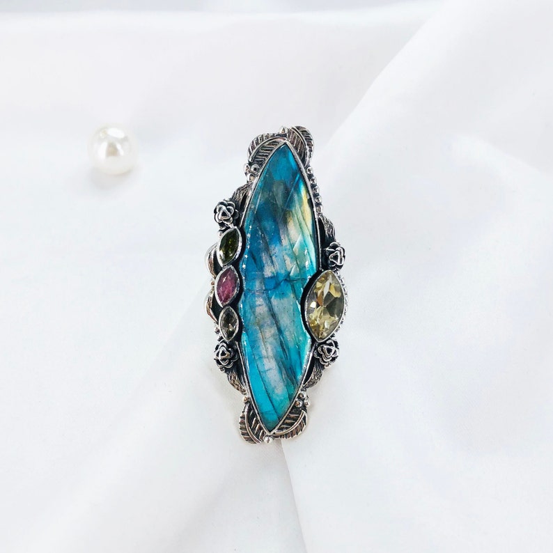 Natural Labradorite, Ruby, Peridot, Smokey Topaz & Citrine Ring By Harshita Jewellery