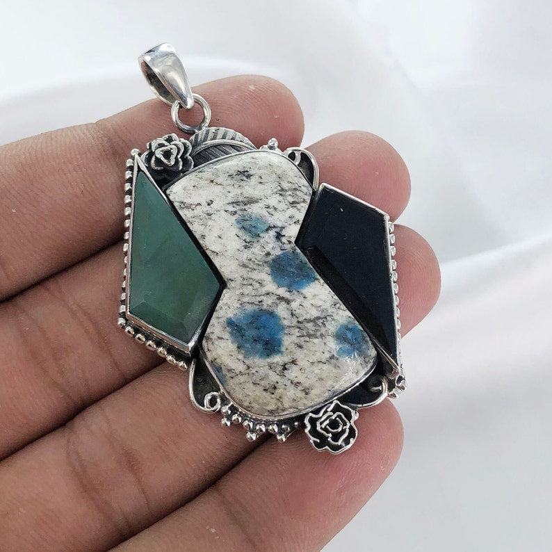 Natural K2 jasper, Green Onyx & Black Onyx Pendant By Harshita Jewellery
