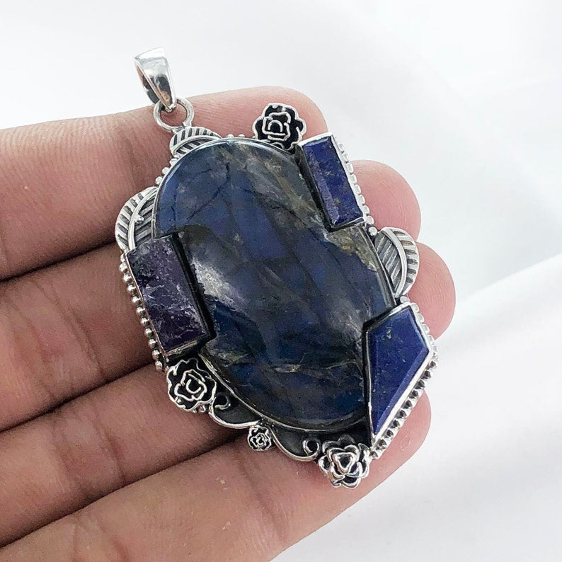 Natural Labradorite, Amethyst & Lapis Lazuli Pendant By Harshita Jewellery