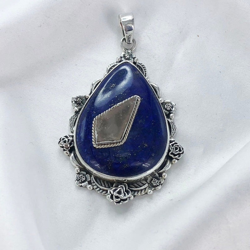 Natural Lapis Lazuli & Rose Quartz Gemstone Pendant By Harshita Jewellery