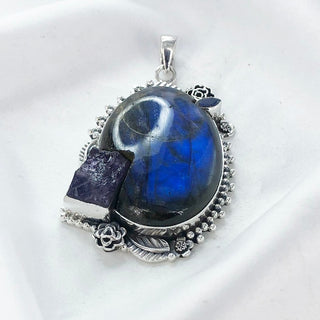 Natural Labradorite And Rough Amethyst Pendant By Harshita Jewellery