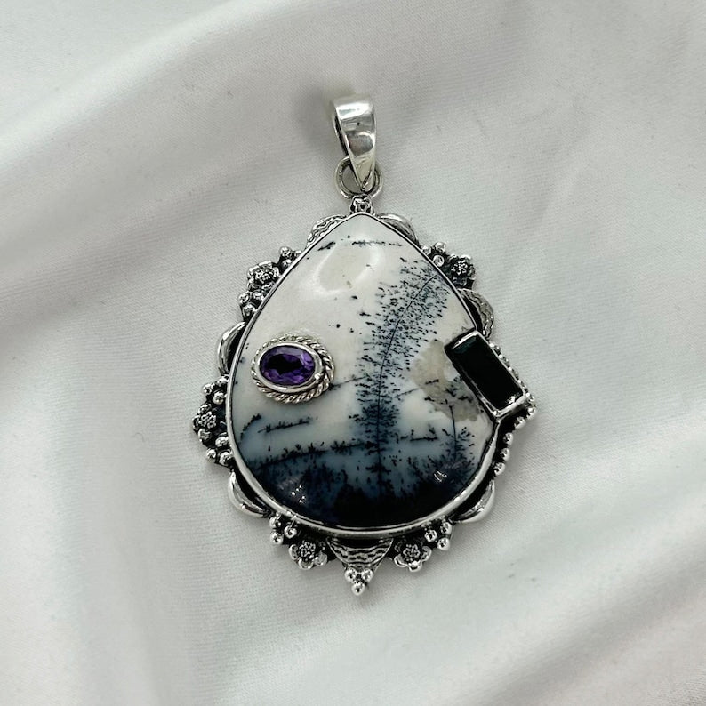 Natural Dendrite Opal & Green Onyx, Amethyst Pendant By Harshita Jewellery