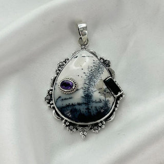 Natural Dendrite Opal & Green Onyx, Amethyst Pendant By Harshita Jewellery