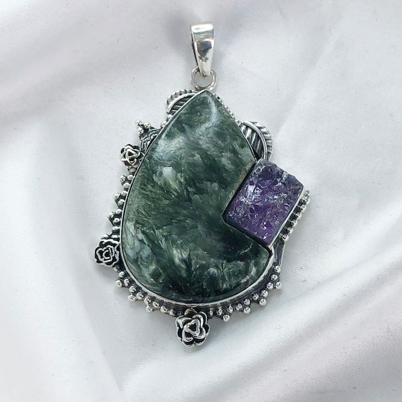 Natural Seraphinite & Rough Amethyst Gemstone Pendant By Harshita Jewellery