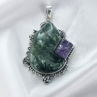 Natural Seraphinite & Rough Amethyst Gemstone Pendant By Harshita Jewellery