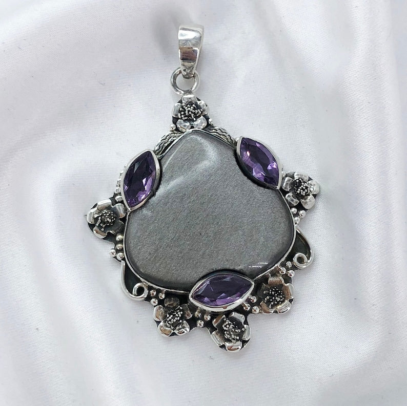 Silver Sheen Obsidian and Amethyst Pendant By Harshita Jewellery